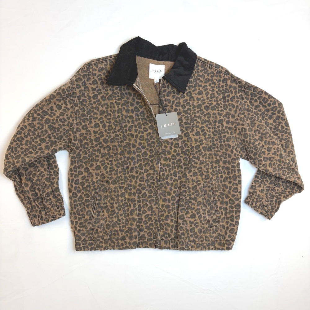 Le‎ Lis Leopard Print Denim Jacket Black Corduroy Collar Zip Up Womens Small
